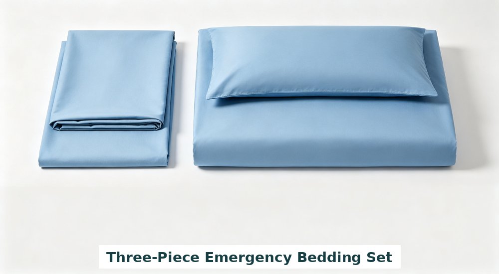 Flat lay product shot of three-piece emergency bedding set components folded flat sheet duvet cover and pillowcase in sky blue on clean white background