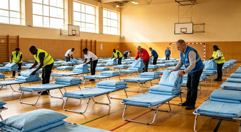 Wide-angle panoramic view of emergency shelter gymnasium hall with rows of sky blue temporary accommodation bedding sets on folding cots showing volunteers arranging bedding