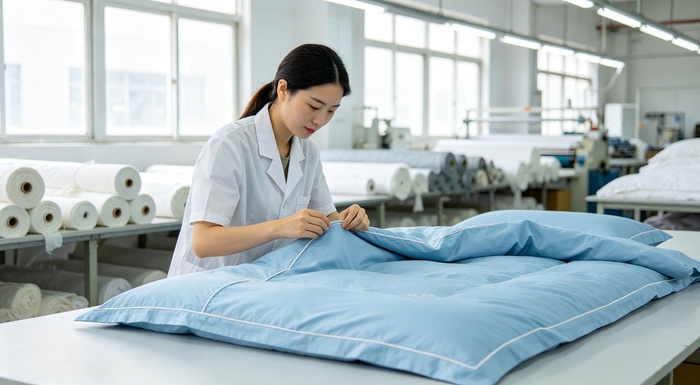 Factory inspection shot of Chinese female QC worker checking sky blue bedding stitching on production table with fabric rolls in background