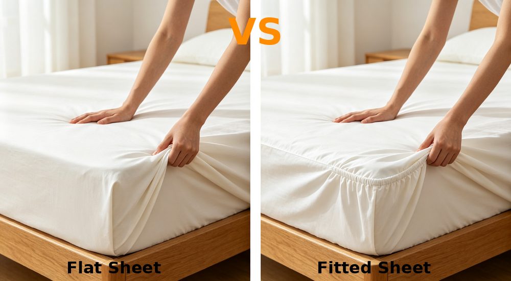 Split-view comparison of flat sheet versus fitted sheet on white bedding showing elastic corner difference with orange VS marker between two panels