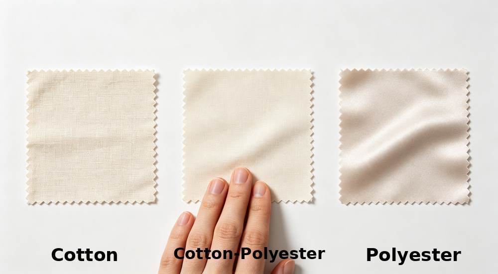 Flat lay top-down view of three fabric swatch samples cotton cotton-polyester and smooth polyester microfiber with hand touching middle sample on white background