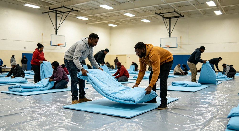 Eye-level action photograph of evacuation shelter gym floor with volunteers arranging sky blue bedding on thin foam mats showing emergency deployment setup