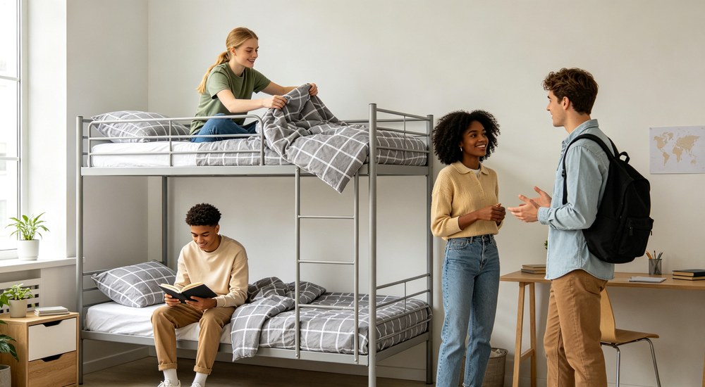 Lifestyle interior shot of school dormitory bunk bed room with diverse students and grey checkered temporary accommodation bedding showing longer-term residential use