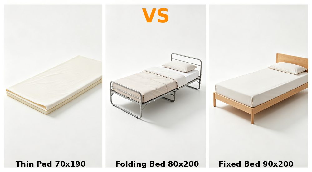 Split-view comparison of three bed types thin pad folding cot and fixed single bed with size labels showing temporary accommodation bedding format differences