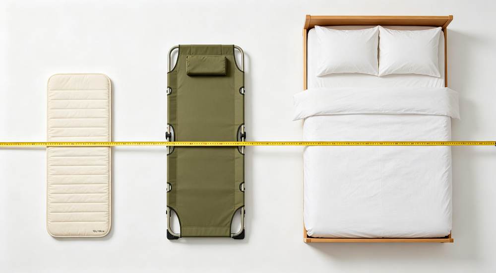 Top-down flat lay view of three bed sizes being measured with yellow tape measure showing thin pad folding bed and standard single bed dimensions on white background