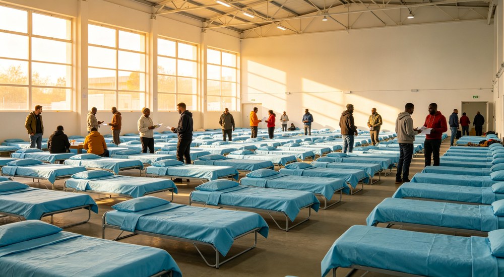 Wide-angle panoramic view of bright temporary shelter hall with rows of sky blue bedding on folding cots and people standing showing large-scale emergency accommodation facility
