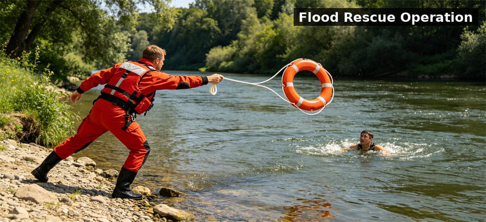 Life jacket orange flood rescue scene for institutional procurement, inspection and supply planning