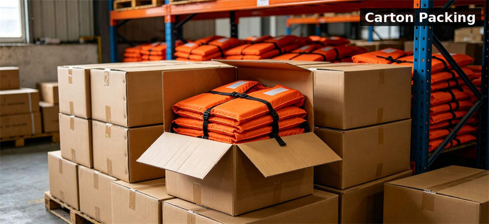 Life jackets carton warehouse packing for institutional procurement, inspection and supply planning