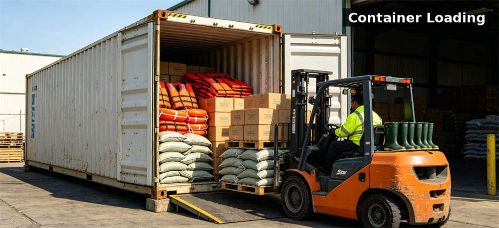 Shipping container loading flood supplies for institutional procurement, inspection and supply planning