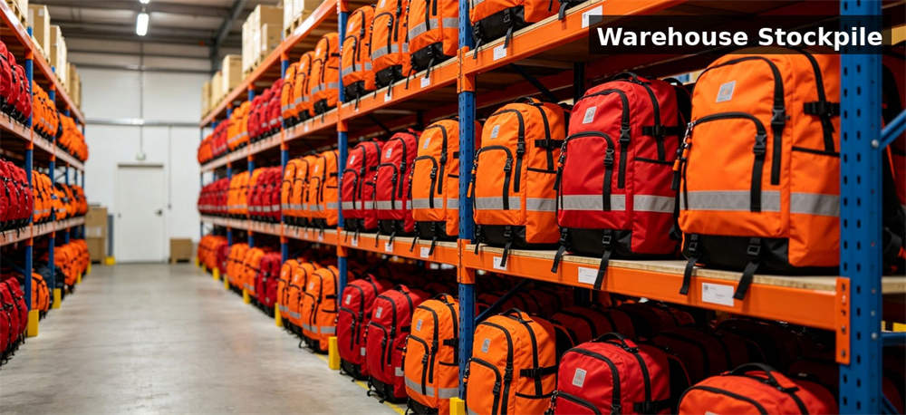 Emergency backpack warehouse stockpile for institutional procurement, inspection and supply planning