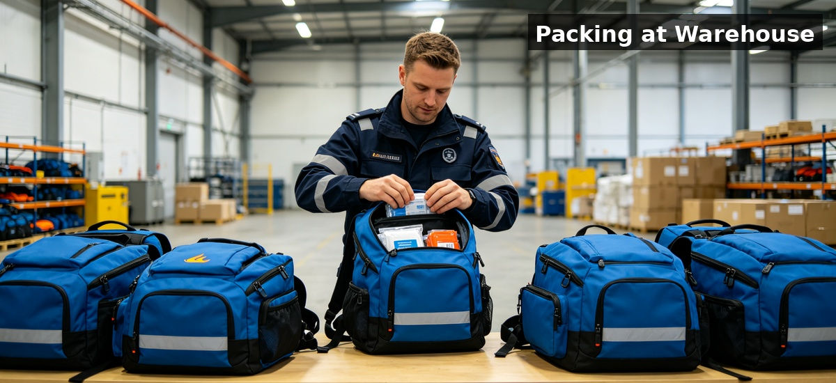 Emergency backpack warehouse packing for institutional procurement, inspection and supply planning