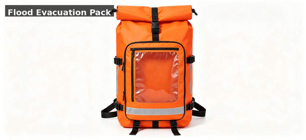 Flood evacuation backpack orange white bg for institutional procurement, inspection and supply planning