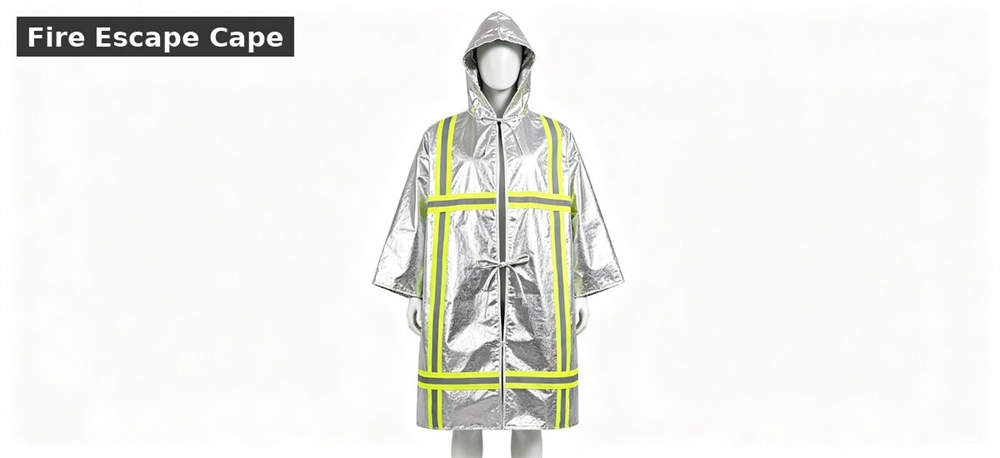 Fire escape cape displayed for smoke evacuation and protective planning for government stockpile, institutional supply and emergency