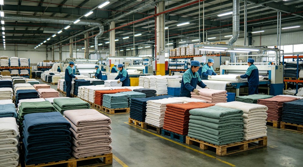Eye-level textile factory warehouse with stacks of folded bedding on pallets and workers organizing inventory under industrial lighting - suitable for institutional and emergency shelter procurement