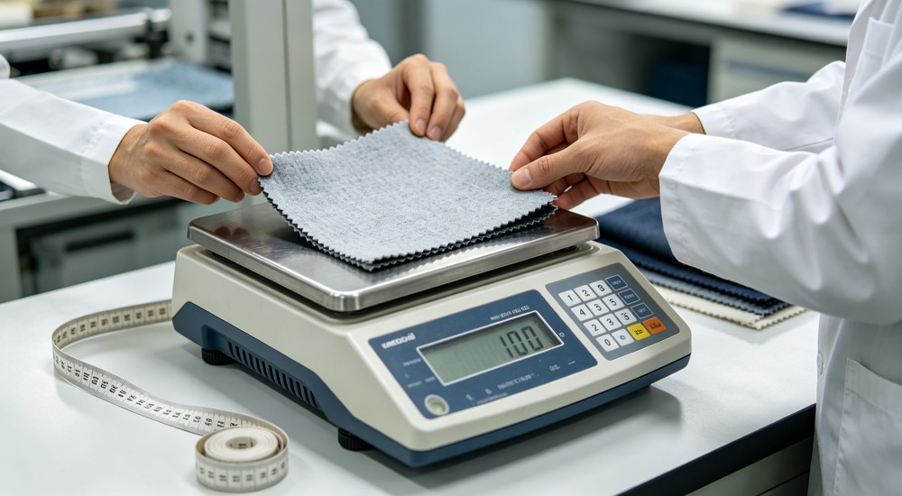 Detailed precision digital scale weighing fabric sample for GSM measurement with measuring tape and technician hands in textile lab