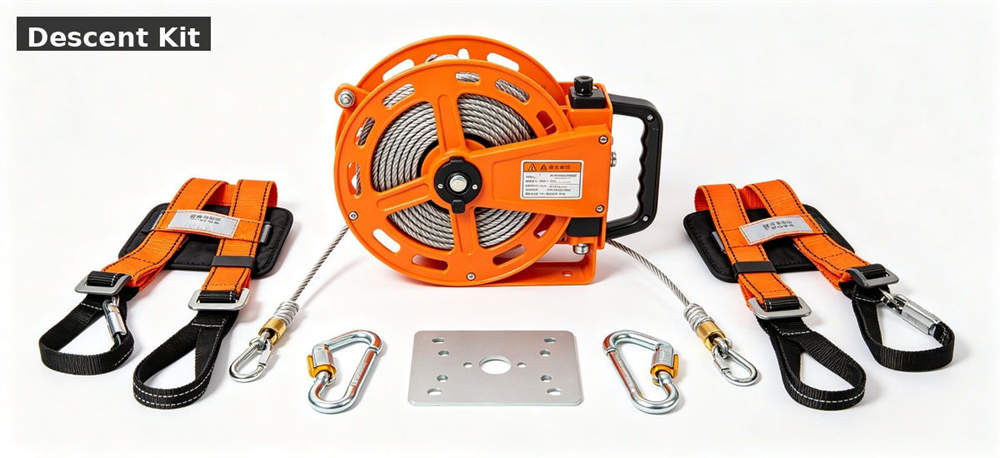 Fire escape descent kit arranged with harness and anchor components for procurement