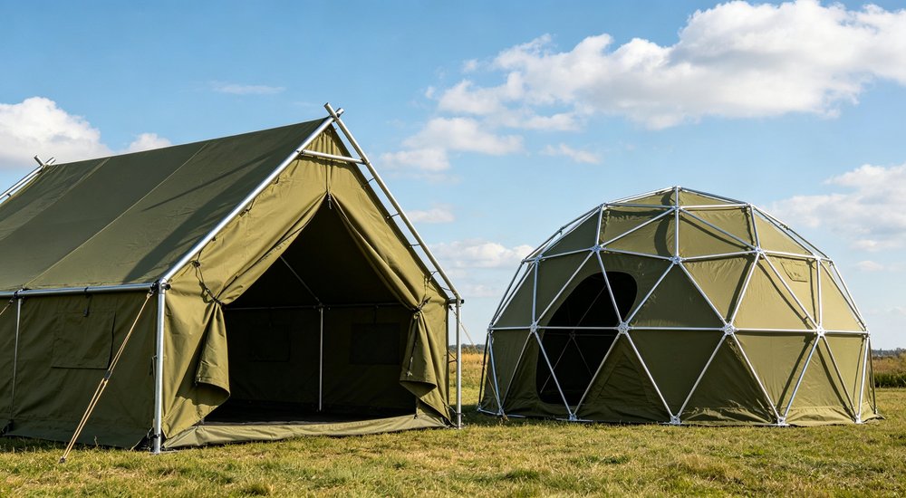 Front entrance view of a heavy duty emergency relief tent displaying the reinforced door frame sturdy zipper entrance and professional military grade construction quality