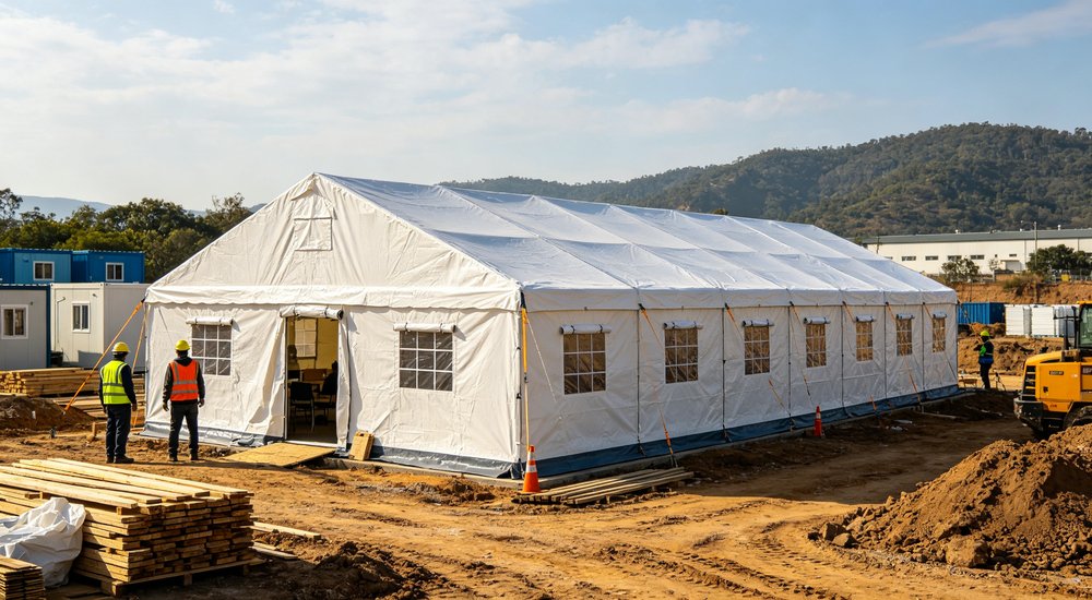 Emergency response tent captured during active deployment showing professional grade construction wind resistant frame and waterproof covering designed for long term use in challenging field conditions