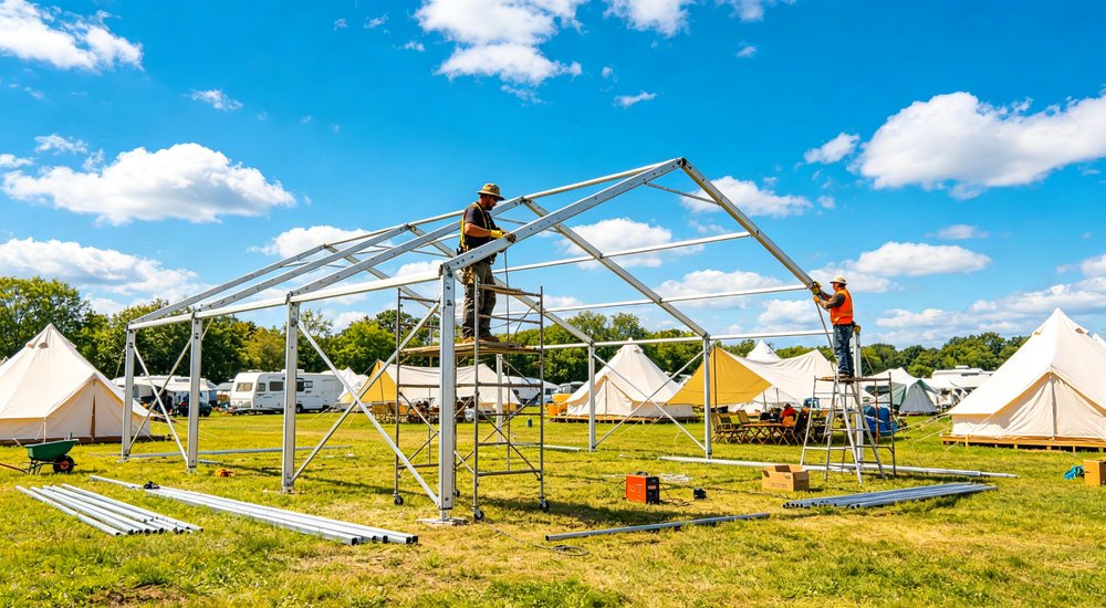 Large emergency shelter tent installed at disaster relief site providing weatherproof accommodation for affected populations with reinforced structure and quality materials visible