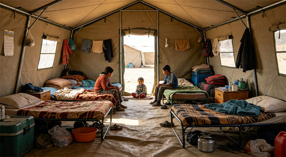 Divider curtains partitioning interior of large steel frame tent, separate rooms for privacy and functional zones in community relief shelter