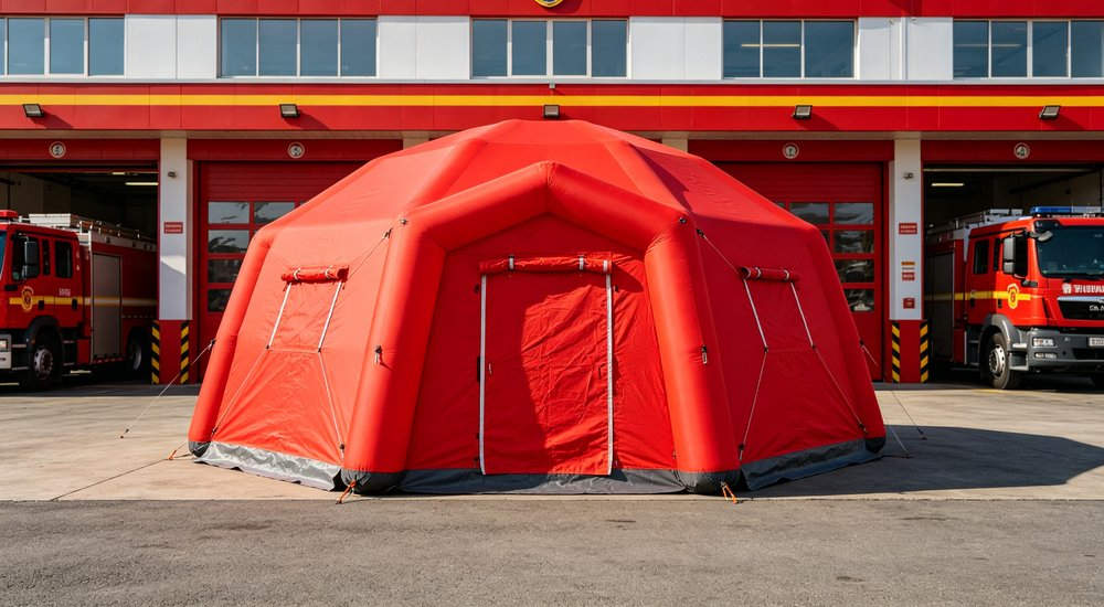 Factory production schedule board with fire rescue tent manufacturing timeline, workers producing red inflatable tents in background, industrial B2B photography