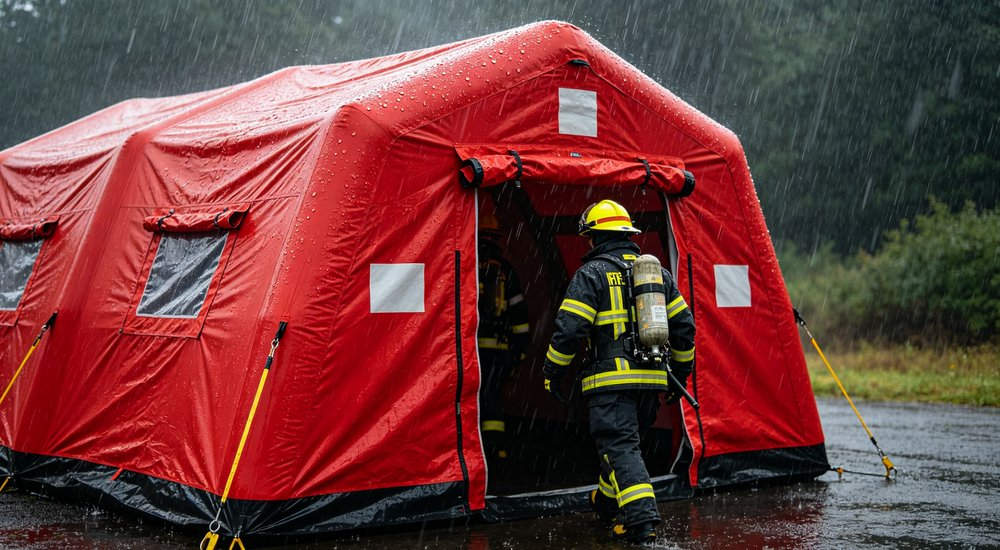 Comparison of fire command inflatable tent vs standard inflatable shelter, red professional tent with reinforced structure, side by side, professional B2B product photography