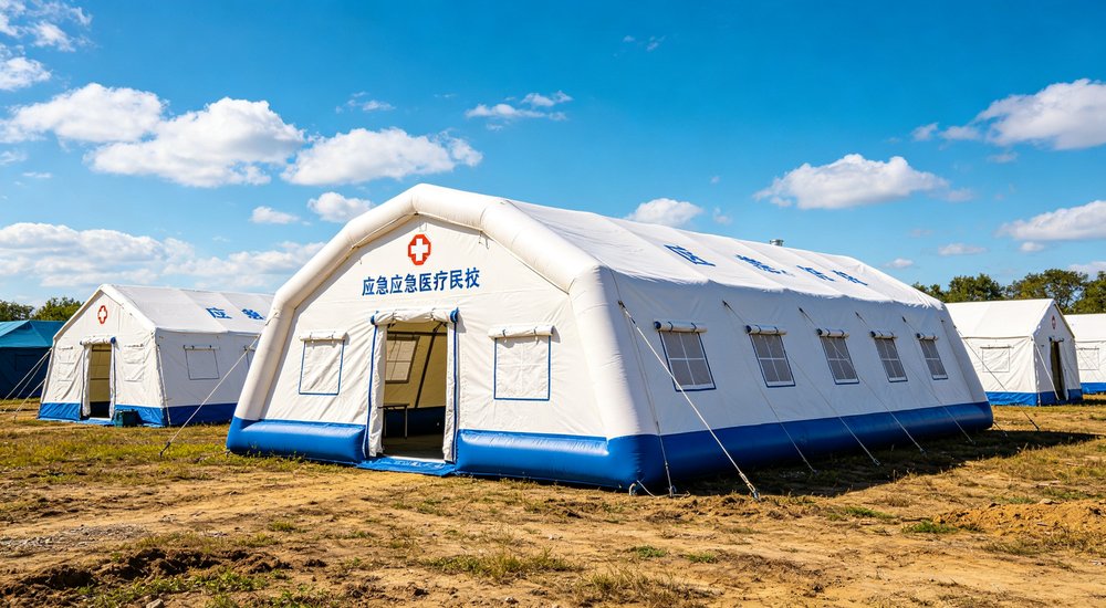 Emergency relief tent standing in heavy winter snow conditions demonstrating cold weather resistance insulation performance and durability for humanitarian operations in harsh climates