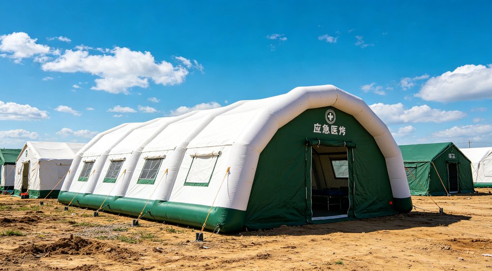 Professional emergency relief tent photographed in field deployment showing sturdy construction waterproof fabric and steel frame design suitable for disaster response and humanitarian aid operations
