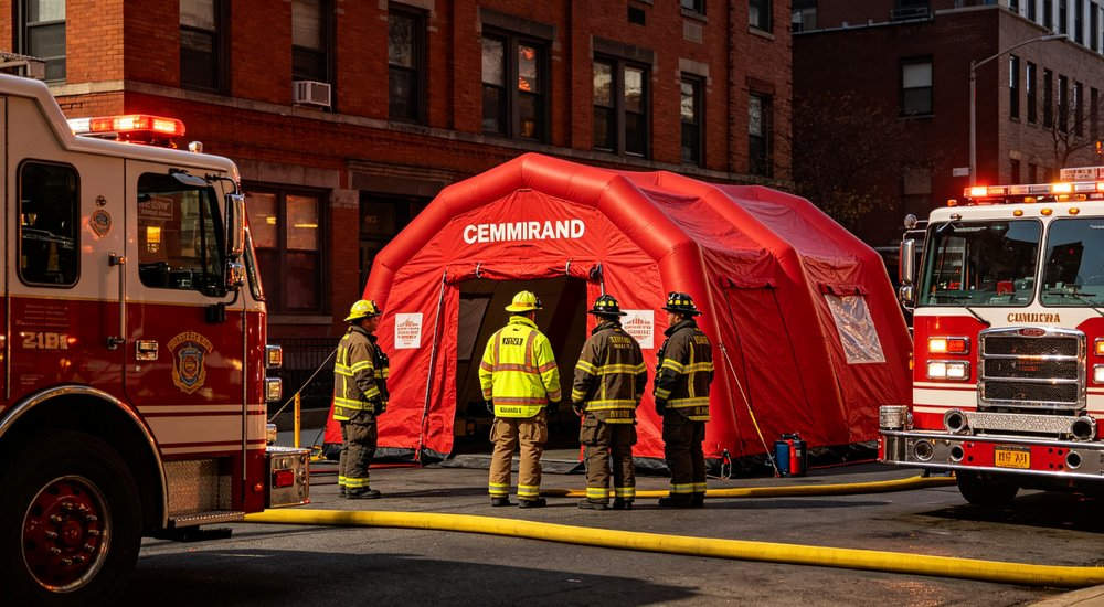 Custom logo printing on red fire rescue inflatable tent canvas, screen printing process with OEM branding service, factory production detail, professional B2B photography
