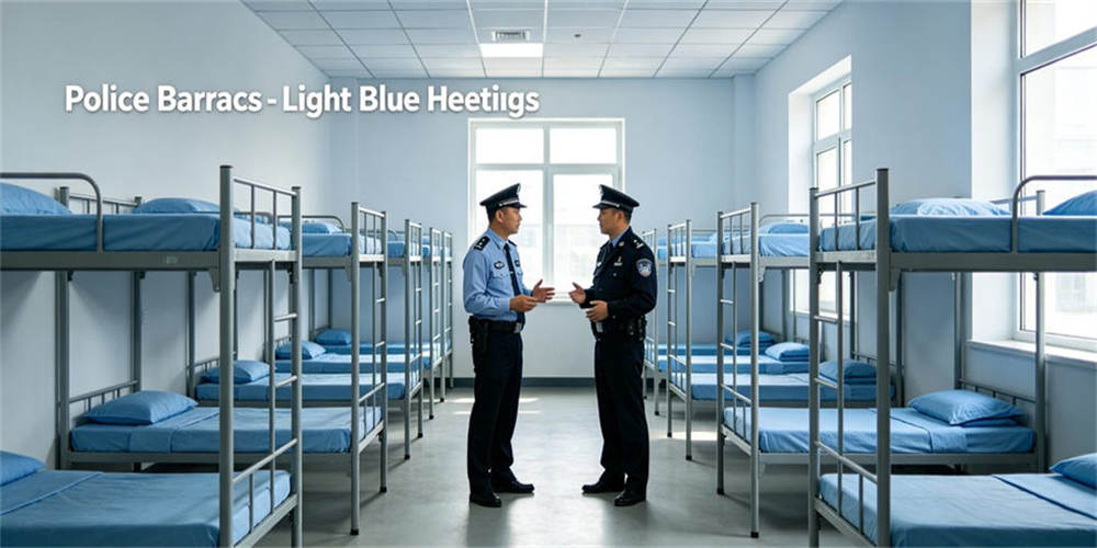 Light blue police dormitory with uniformed officers, clean and standard police quarters interior resting environment