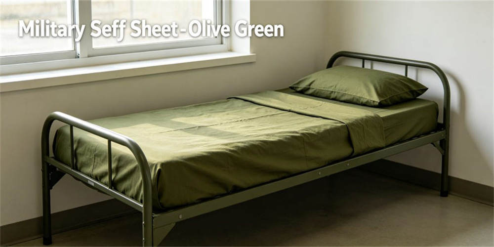 Olive green standard military bed sheet on metal cot, formal single bed bedding display for military troop dormitory