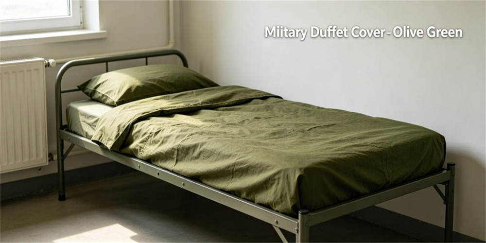 Olive green military duvet cover on standard cot, durable military bedding product with formal tactical appearance
