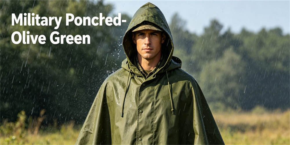 Olive green multifunctional waterproof military poncho, practical outdoor military rain gear for all weather protection