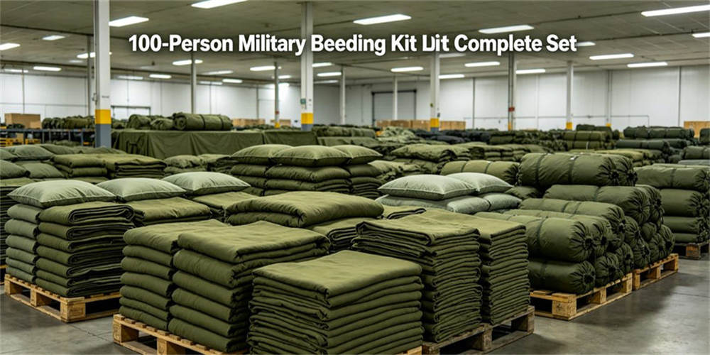 100-person complete military bedding kit, large bulk troop bedding supply package for military barracks mass deployment