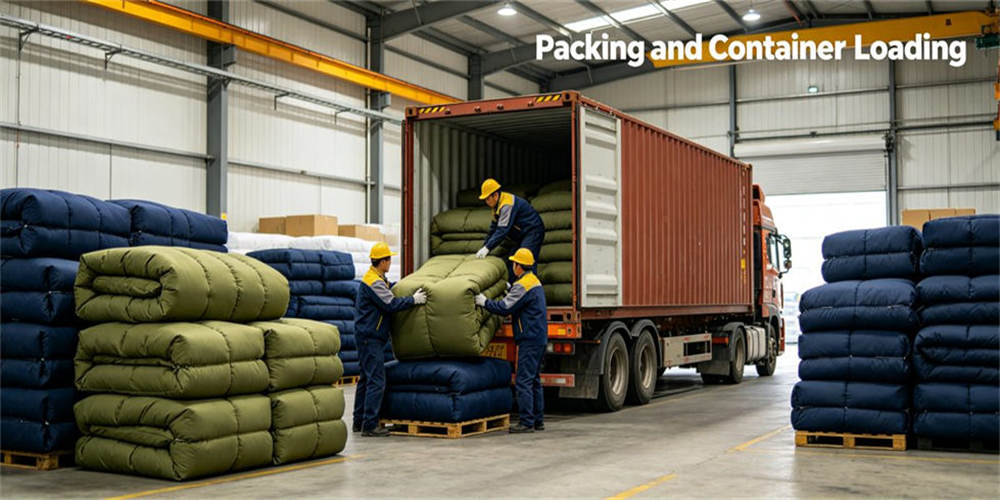 Military bedding packing container loading, bulk goods warehouse container loading scene for overseas product shipment