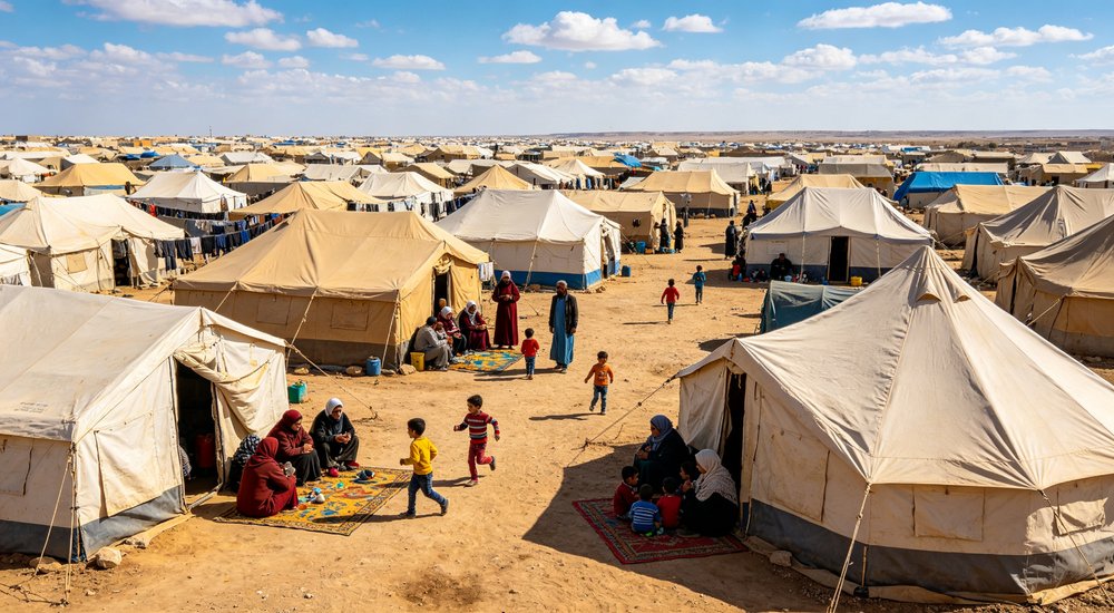 Wide panoramic view of a large humanitarian relief camp with dozens of emergency tents organized in neat rows demonstrating scale of disaster response operations