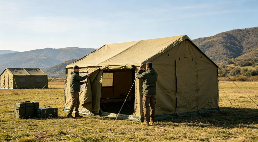 Humanitarian aid distribution area with emergency relief tents serving as collection points where relief workers provide food water and supplies to affected populations