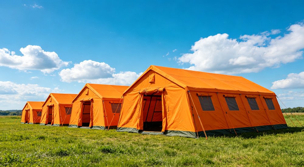 Heavy duty emergency frame tent displayed in operational setting demonstrating quick setup capability durable canvas exterior and spacious interior capacity for humanitarian relief missions
