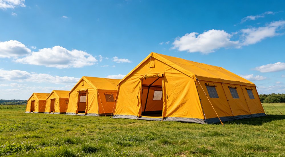 Emergency response tent captured during active deployment showing professional grade construction wind resistant frame and waterproof covering designed for long term use in challenging field conditions