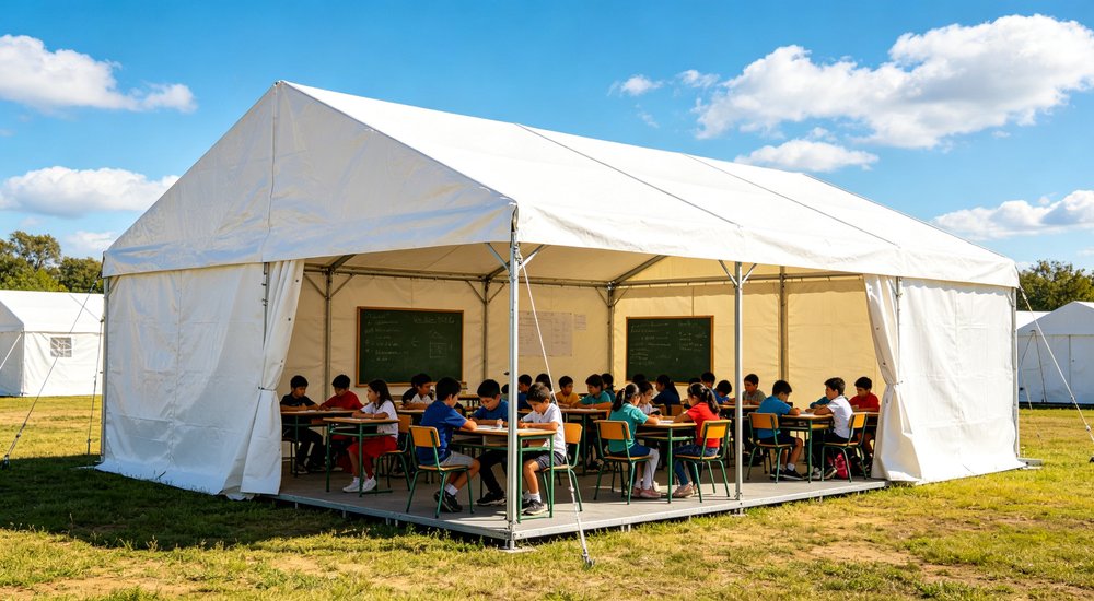 Large emergency shelter tent installed at disaster relief site providing weatherproof accommodation for affected populations with reinforced structure and quality materials visible