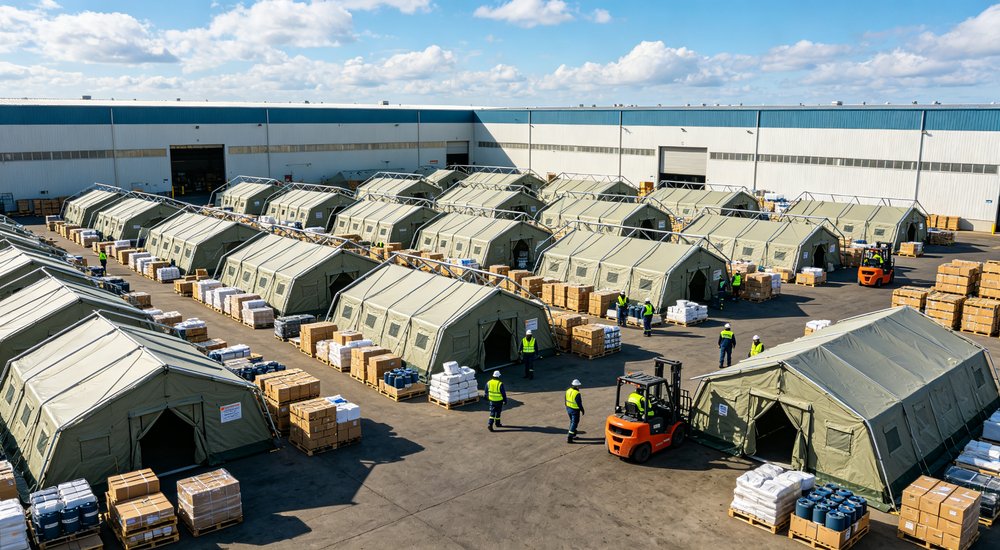 Aerial drone view showing multiple large emergency relief tents arranged in orderly rows across a disaster response camp with clear access pathways and blue sky overhead