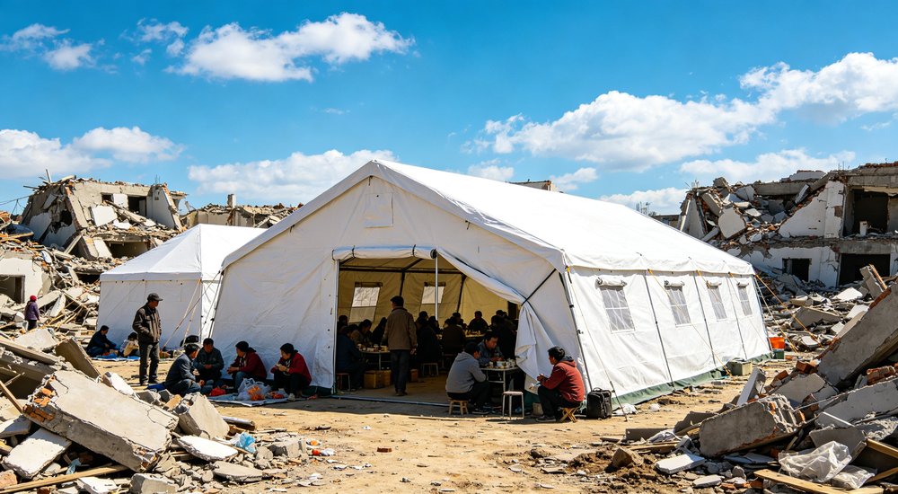Heavy duty emergency frame tent displayed in operational setting demonstrating quick setup capability durable canvas exterior and spacious interior capacity for humanitarian relief missions