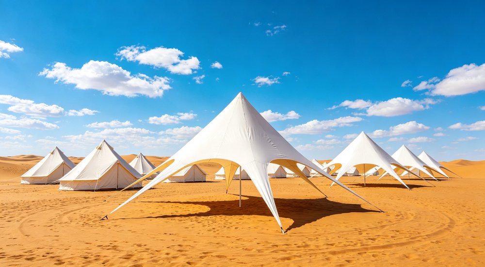 Heavy duty emergency frame tent displayed in operational setting demonstrating quick setup capability durable canvas exterior and spacious interior capacity for humanitarian relief missions