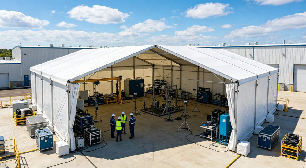 Aerial drone view showing multiple large emergency relief tents arranged in orderly rows across a disaster response camp with clear access pathways and blue sky overhead Aerial drone view showing multiple large emergency relief tents arranged in orderly rows across a disaster response camp with clear access pathways and blue sky overhead