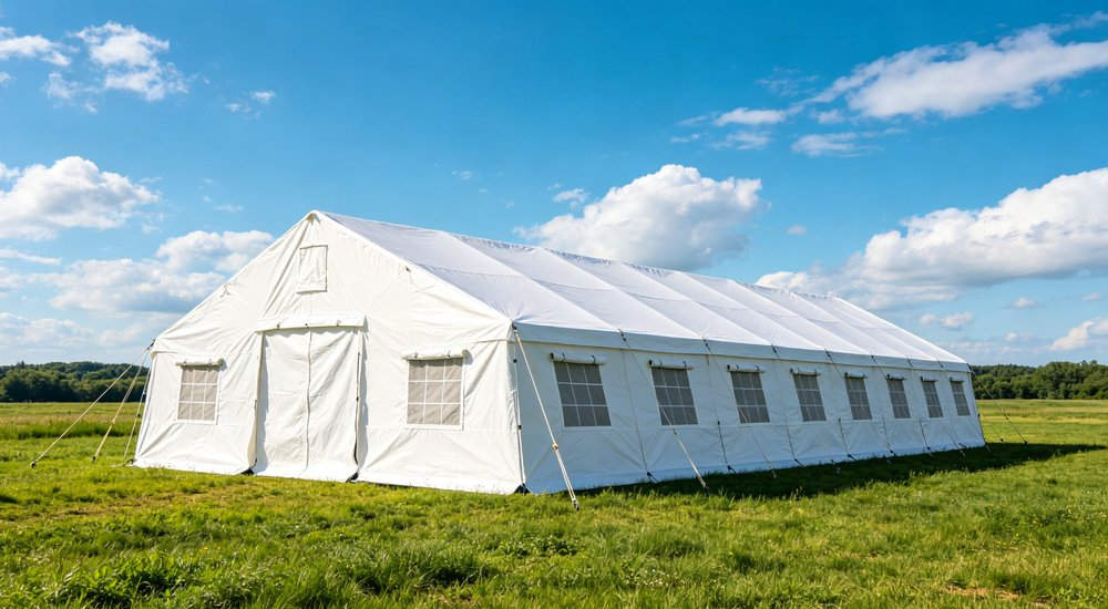 Military field base deployment showing emergency tents used for troop accommodation command posts and operational support in remote field conditions with security perimeter