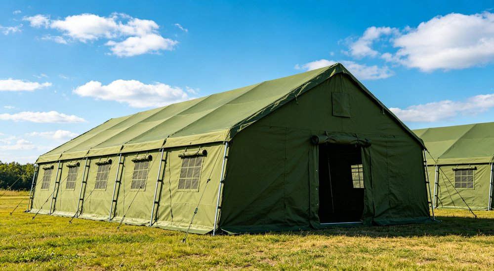 Humanitarian relief tent photographed at aid distribution camp providing reliable shelter with strong steel framework quality stitching and weather resistant fabric for disaster affected communities