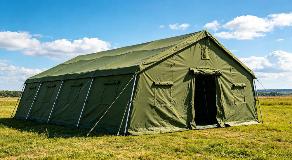 Heavy duty emergency frame tent displayed in operational setting demonstrating quick setup capability durable canvas exterior and spacious interior capacity for humanitarian relief missions