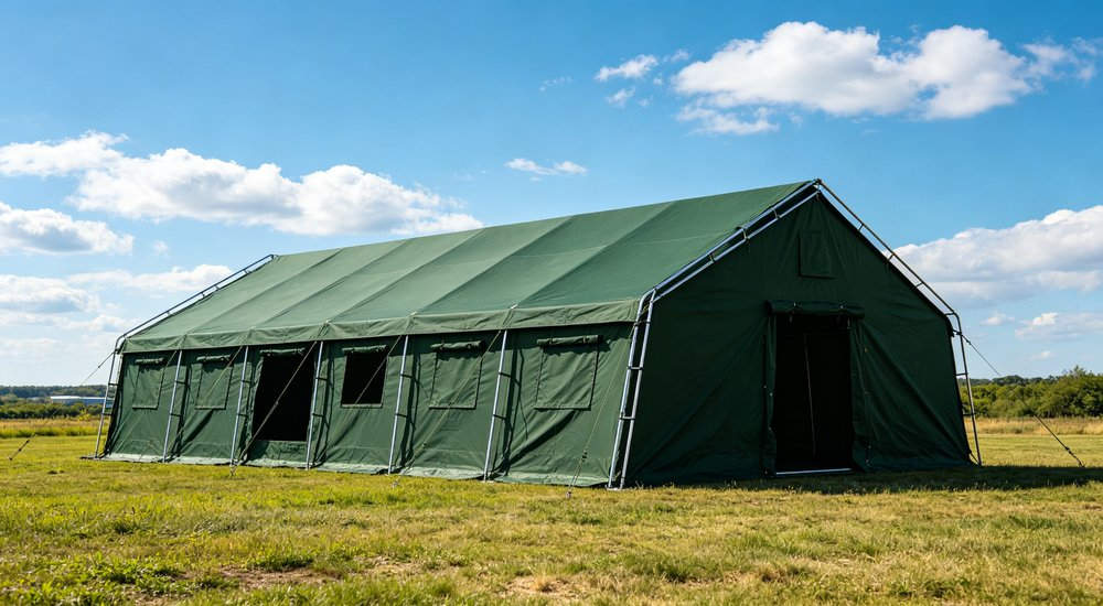 Heavy duty emergency frame tent displayed in operational setting demonstrating quick setup capability durable canvas exterior and spacious interior capacity for humanitarian relief missions