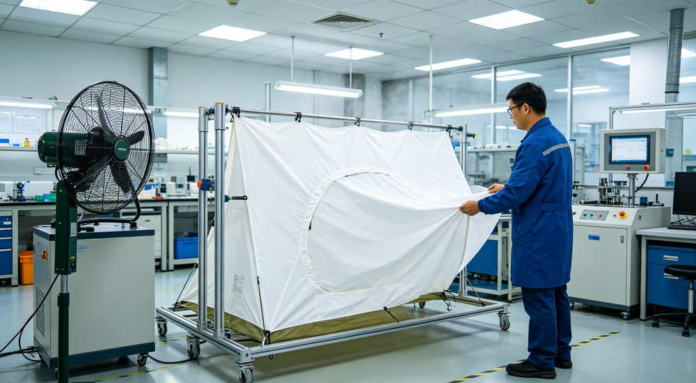 Professional emergency relief tent photographed in field deployment showing sturdy construction waterproof fabric and steel frame design suitable for disaster response and humanitarian aid operations