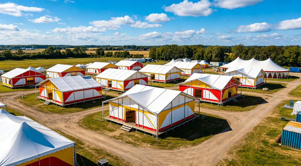 Humanitarian relief tent photographed at aid distribution camp providing reliable shelter with strong steel framework quality stitching and weather resistant fabric for disaster affected communities